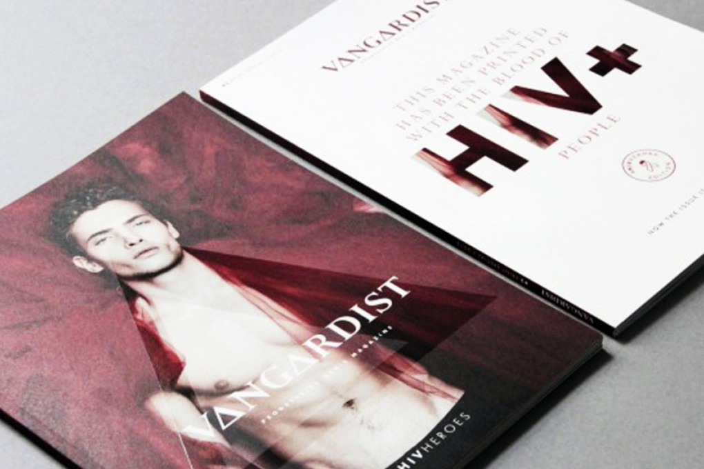 The front and back covers of Vangardist, the small Austrian men's magazine printed with ink laced with HIV-positive blood to make a bold statement. Photo: The Washington Post