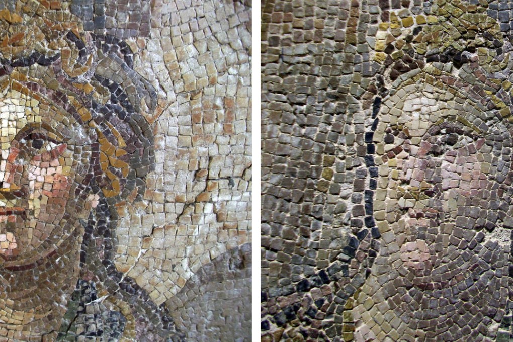 One of the eight Hatay Archaeology Museum 2nd-century Roman mosaics before restoration, left, and after, right.Photo: AP