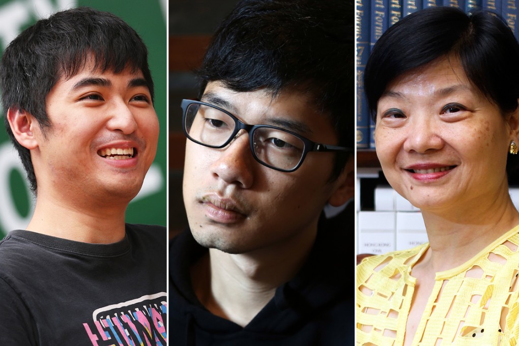 This time the targets of the attack appear to be two student leaders (from left) Alex Chow Yong-kang, Nathan Law Kwun-chung and Civic Party chairwoman Audrey Eu Yuet-mee. Photos: SCMP