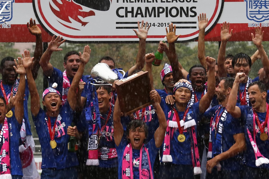 Kitchee players celebrate clinching the Hong Kong Premier League title. Photos: Jonathan Wong