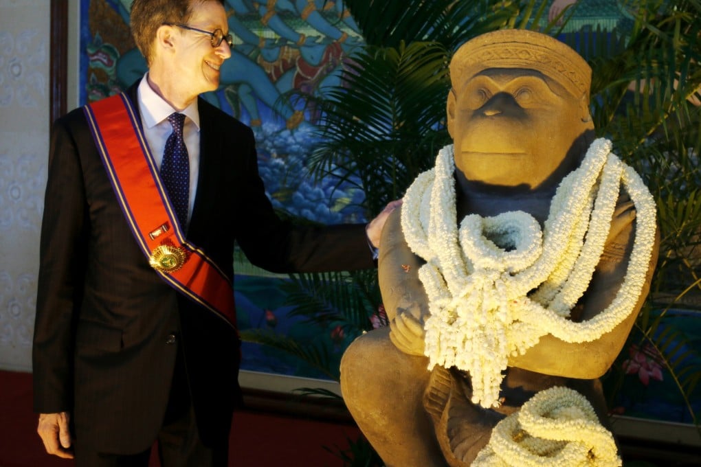 William Griswold, director of the Cleveland Museum of Art in the United States, joins a handover ceremony of the Hanuman statue to Cambodia in Phnom Penh. Photo: Kyodo