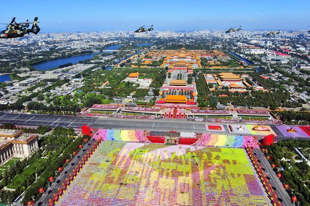 Helicopters fly over Beijing's Tiananmen Square on October 1, 2009, the 60th anniversary of the founding of the People's Republic of China, and the last time a grand military parade was held. Photo: Xinhua
