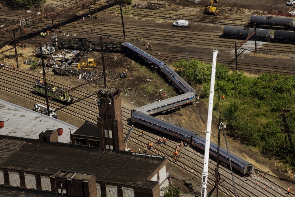 An aerial view of the crash site. The train was travelling right to left when it came off the tracks in Philadelphia. Photo: Reuters