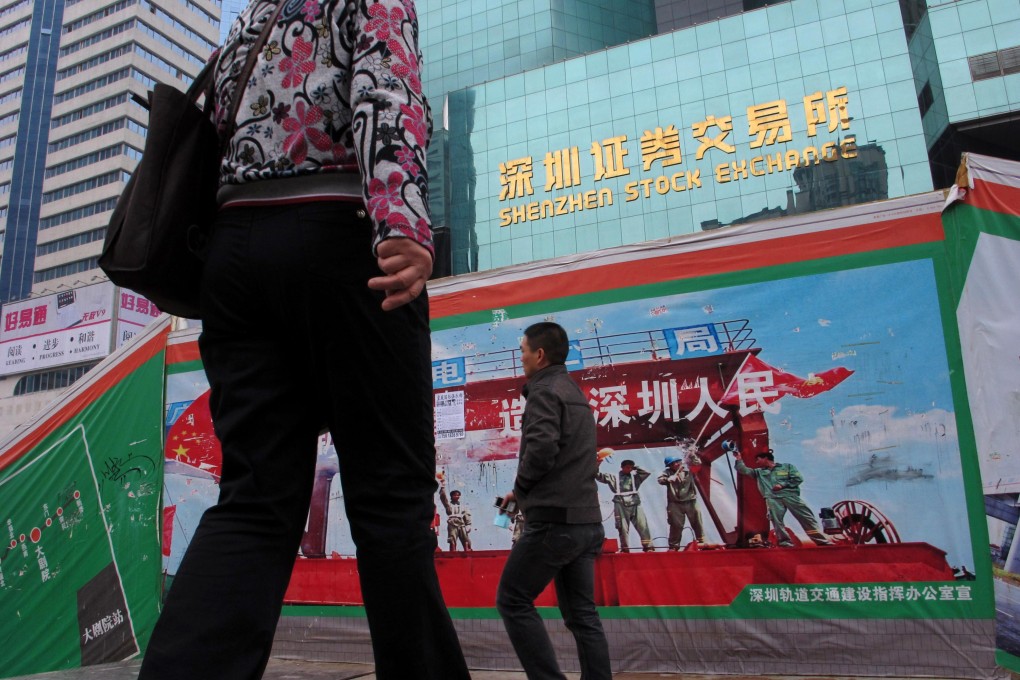 Passersby walk past the front of the Shenzhen Stock Exchange where CSOP launched the first renminbi exchange-traded fund (ETF) tracking Shenzhen’s ChiNext index. Photo: Reuters