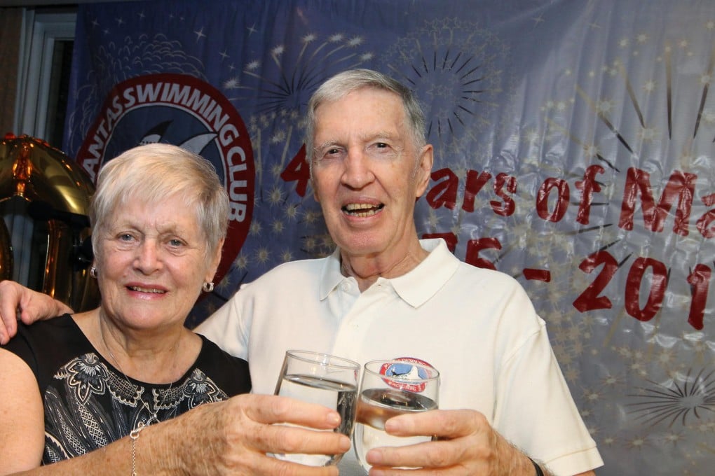 June Wright and Brian Coak celebrate Mantas Swimming Club's 40th anniversary at the Hong Kong Football Club. Photo: Franke Tsang