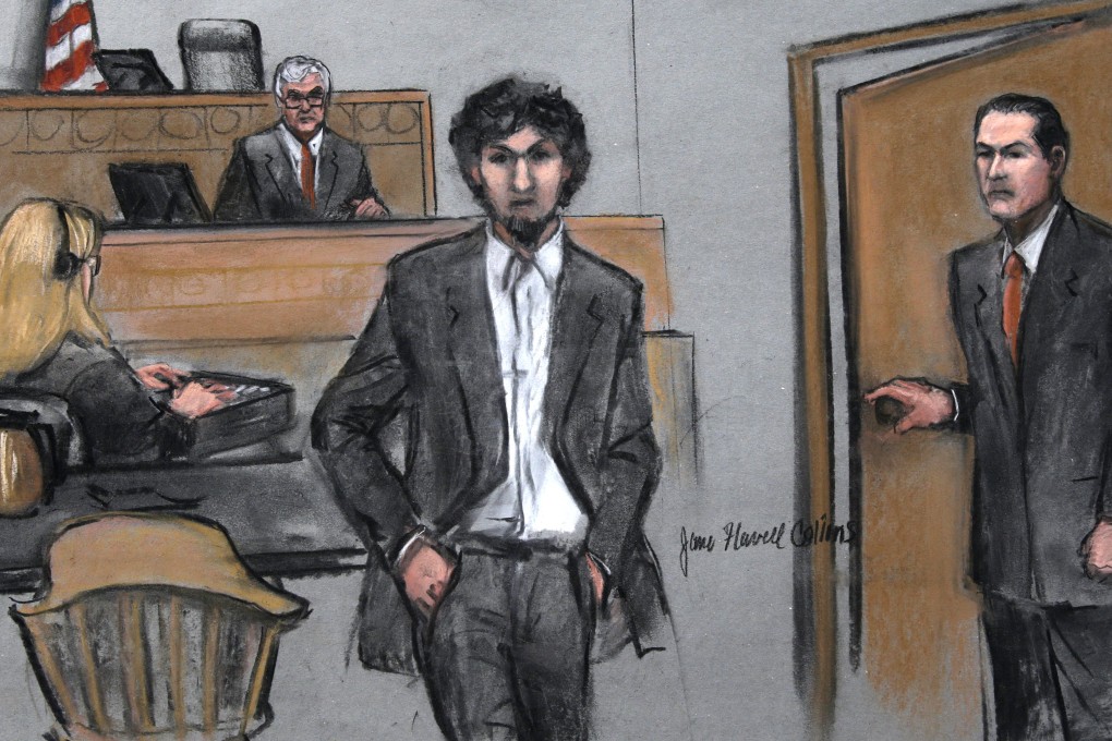 In this courtroom sketch, Boston Marathon bomber Dzhokhar Tsarnaev arrives in the courtroom at the Moakley Federal court house in the penalty phase of his trial in Boston. Photo: AP