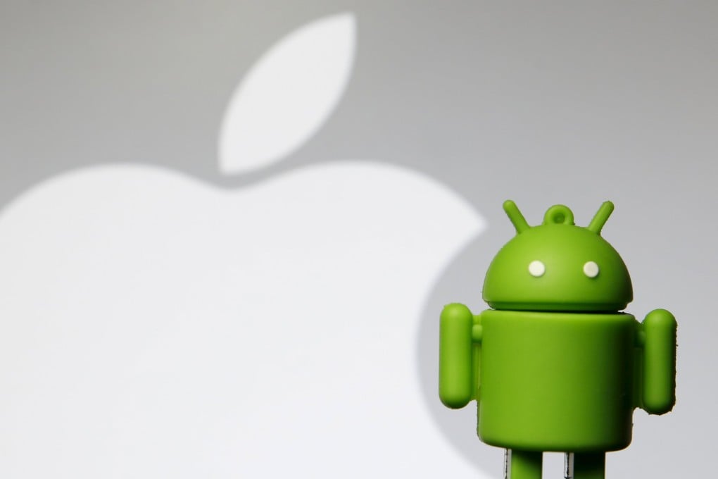 An Android mascot is seen in front of Apple's logo in this photo illustration. Some observers viewed Apple's litigation against Samsung as an attempt to curtail the rapid rise of phones using Google Inc's rival Android operating software. Photo: Reuters