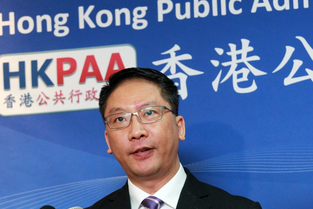 Rimsky Yuen delivers his speech yesterday. Photo: May Tse