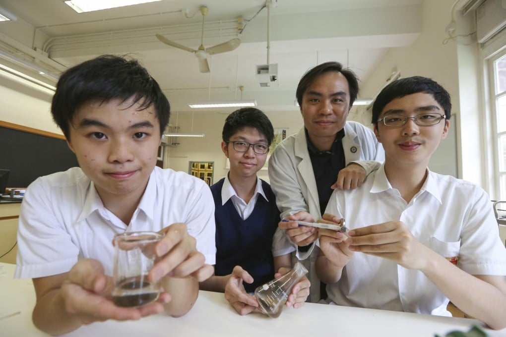 King's College chemistry teacher Bob Lui and research team students (from left) Otto Chu, Davis Chan and Thomas Li. Photo: Nora Tam