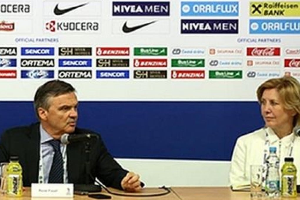 PRAGUE, CZECH REPUBLIC – MAY 16: IIHF President Rene Fasel and Marketa Sterbova Press Conference during the 2015 IIHF Ice Hockey World Championship.  (Photo by Andre Ringuette/HHOF-IIHF Images)
