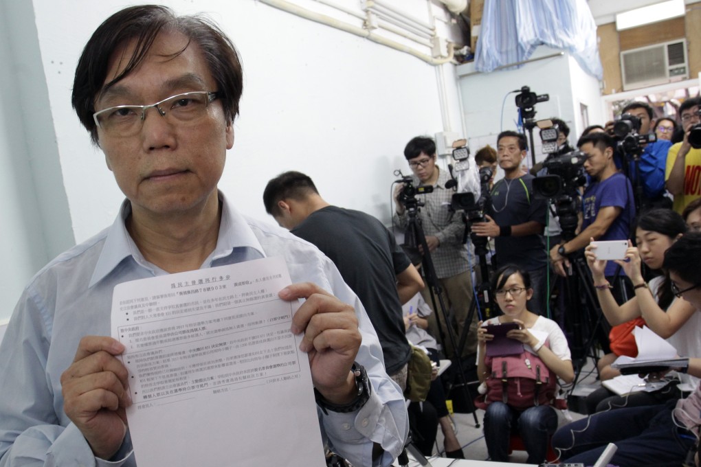 Democrat Nelson Wong Sing-chi displays the form that will be used in his signature campaign endorsing political reforms, but with two main concessions from Beijing. Photo: Dickson Lee
