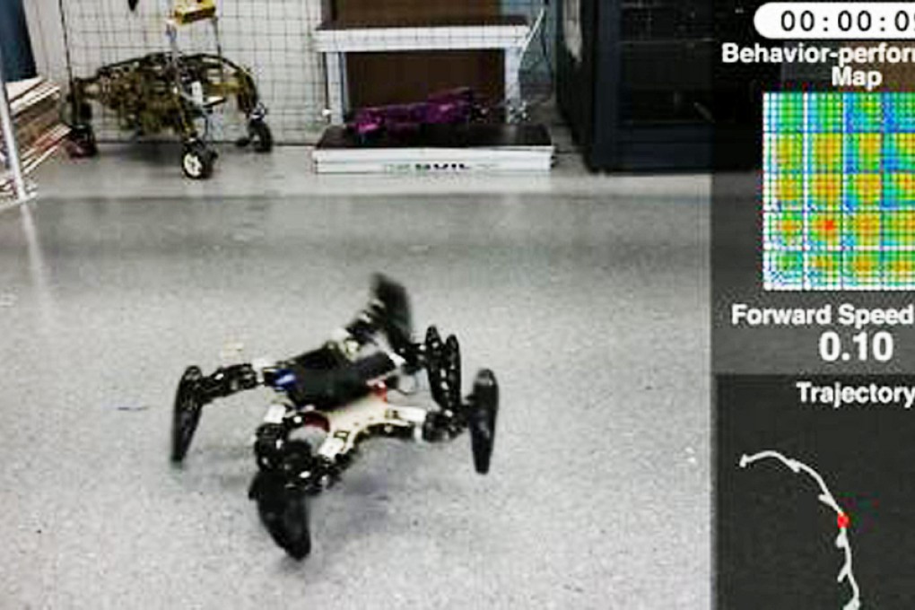An "injured" robot scrambles to its feet in a still from a video provided by University of Wyoming researchers. Photo: SCMP Pictures