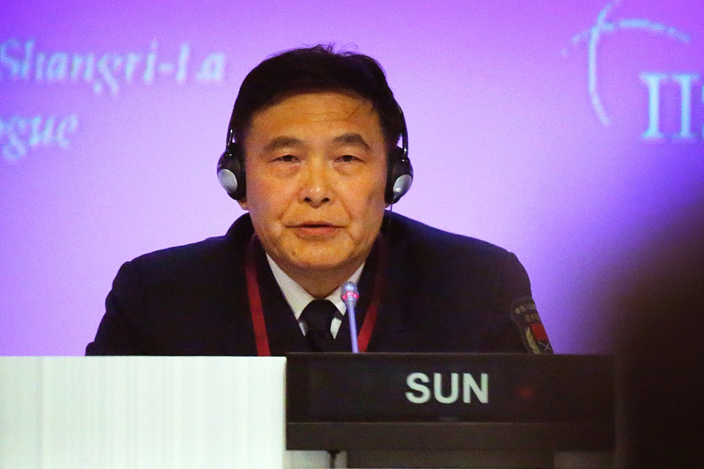 Admiral Sun Jianguo, vice-chief of staff of China's People's Liberation Army, addresses the Shangri-La Dialogue in Singapore. Photo: AP