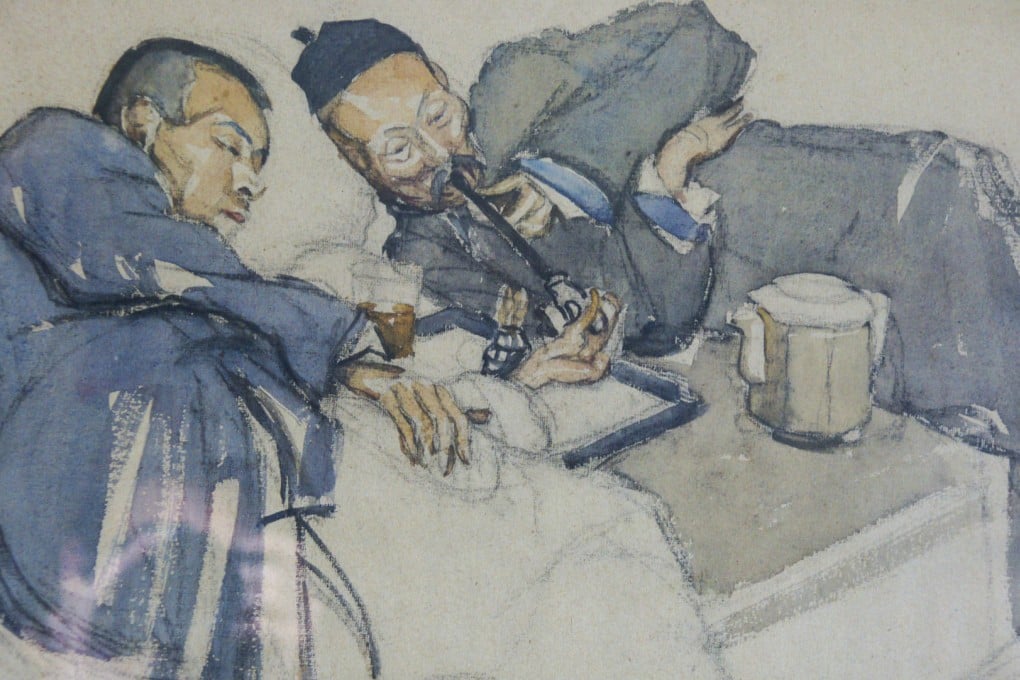 A watercolour of opium smokers in 1930s Shanghai by Eleanor Moore Robertson.