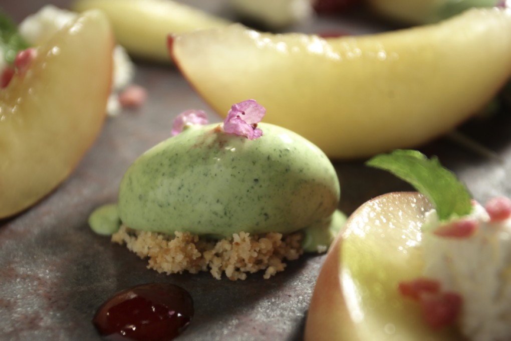 Poached Japanese peaches with crème d'Angers and shiso ice cream at Wagyu Takumi. Photo: Dickson Lee