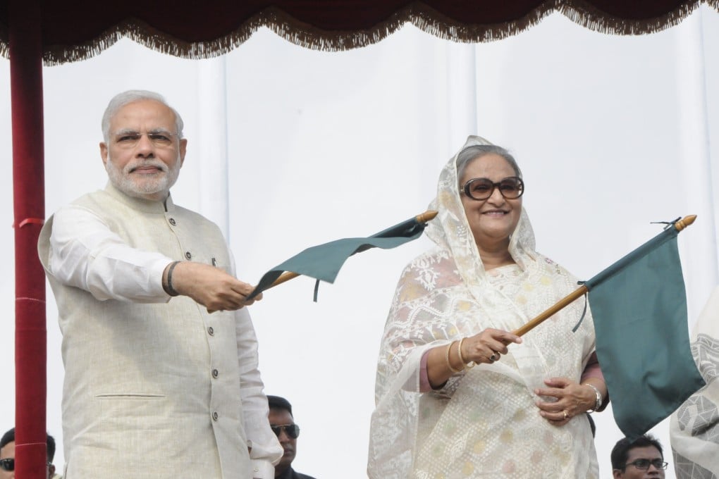 Indian Prime Minister Narendra Modi and his Bangladeshi counterpart and host, Sheikh Hasina, in Dhaka on Sunday. Photo: Xinhua