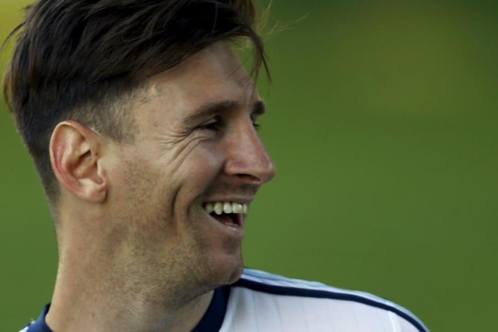 Argentina captain Lionel Messi in a light moment during a training session in La Serena, Chile, in preparation for the Copa America tournament. Photo: Reuters