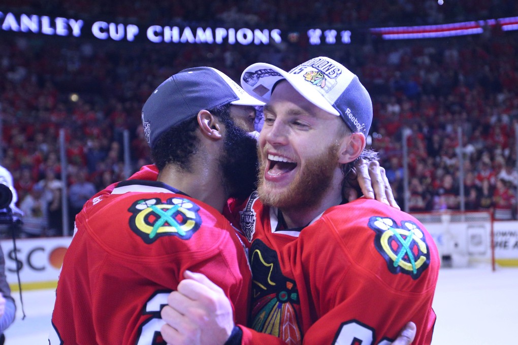 Chicago Blackhawks right wing Patrick Kane celebrates with defender Johnny Oduya. Photo: USA Today Sports