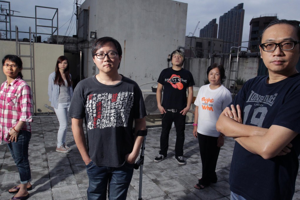 Lo Tang-king, Stanley Ho, Adrian Chow (front left to right) and other collaborators in the musical project focusing on workers' rights. Photo: Dickson Lee