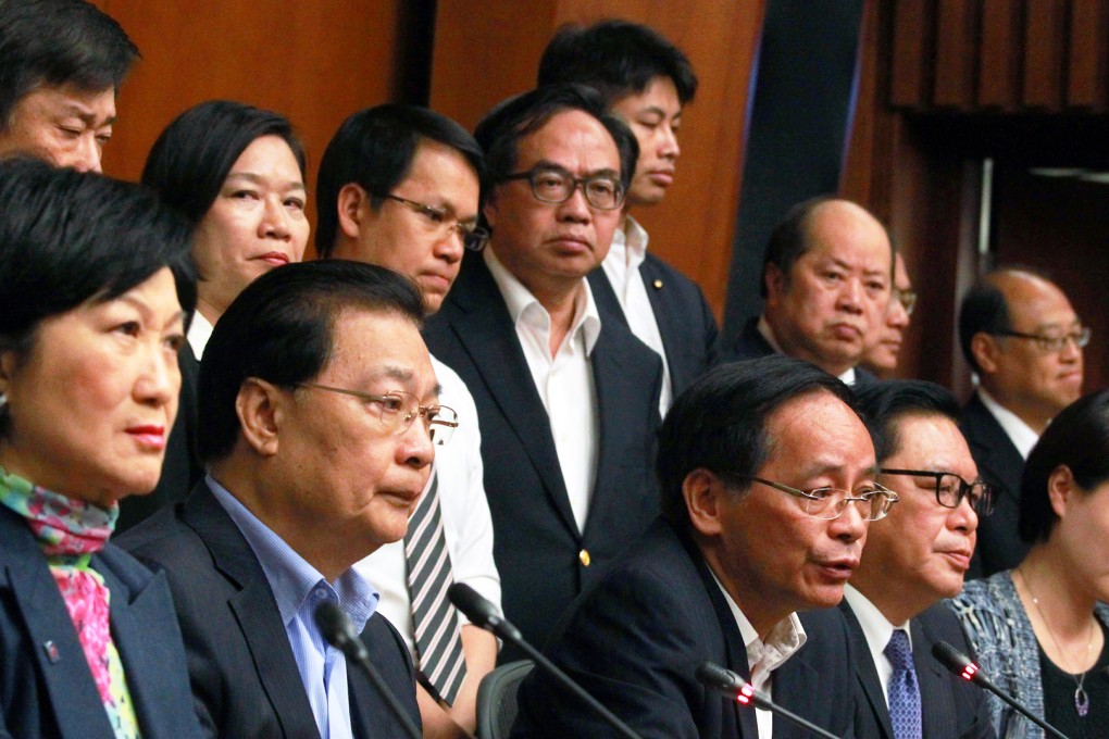 Pro-establishment lawmakers meet the press and express regret over the "mistakes" in the voting process of the 2017 reform package, at the Legco Complex in Tamar. Photo: May Tse