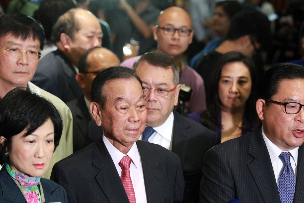 Pro-Beijing Legislators Regina Ip Lau Suk-yee, Lau Wong-fat and Jeffrey Lam Kin-fung meet the press after the Hong Kong reform package rejected; as pro-Beijing lawmakers walk out from the Legco Chamber before vote. Photo: May Tse