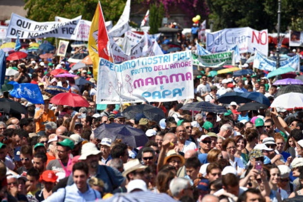 People protest in Rome, Italy against same sex marriage proposals. Photo: EPA