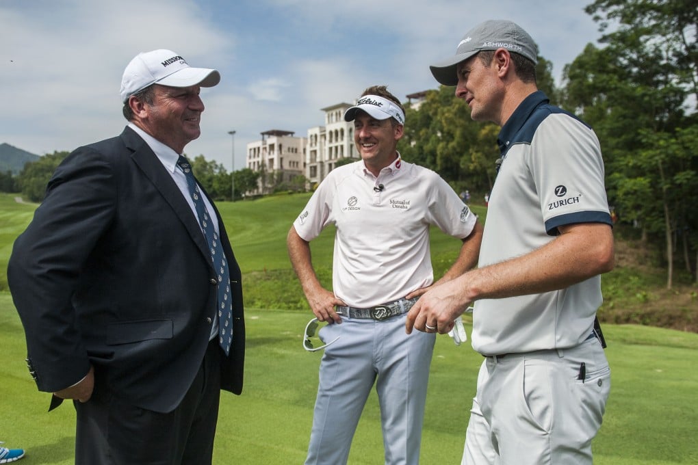 Iain Roberts with Europe Ryder Cup players Ian Poulter and Justin Rose at Mission Hills.