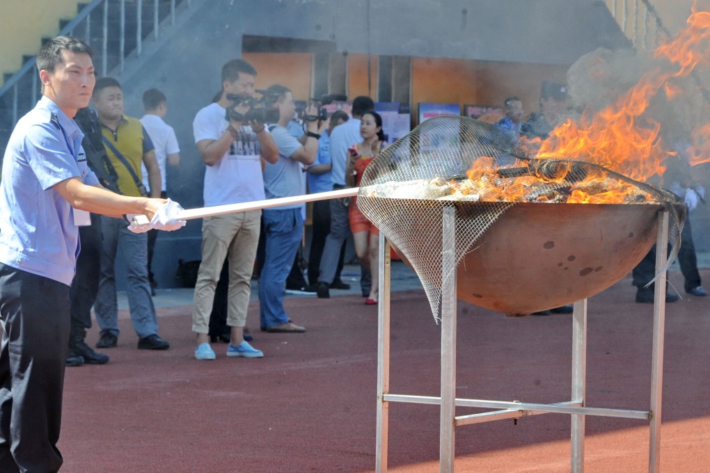 A police officer destroys drugs in Changchun,Jilin province, on Tuesday. China's drug abusers are coming from more diverse backgrounds, a report says. Photo: Xinhua