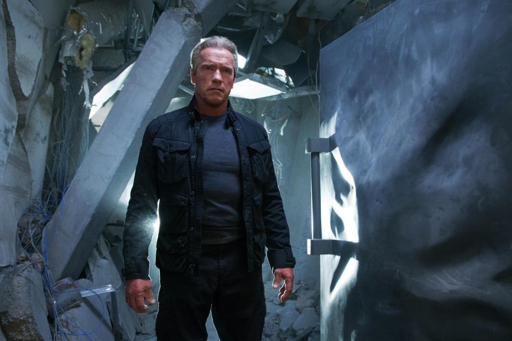 Arnold Schwarzenegger in a scene from Terminator Genisys (Category: IIB). Directed by Alan Taylor, the film also stars Emilia Clarke, Jai Courtney, and Jason Clarke.