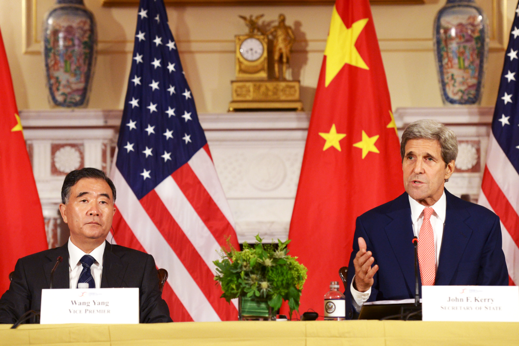 Chinese vice premier Wang Yang and US secretary of state John Kerry attend a joint press conference after the seventh China-US Strategic and Economic Dialogue in Washington DC. Photo: Xinhua