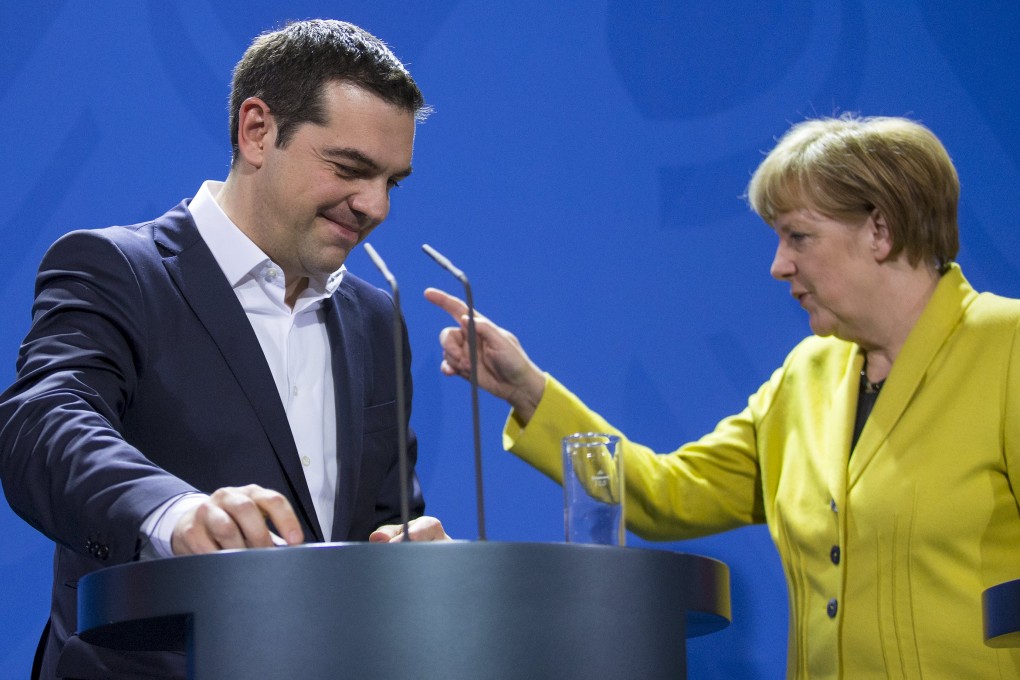German Chancellor Angela Merkel gestures to Greek Prime Minister Alexis Tsipras as the crisis over Greece could likely shape the legacy of the German leader. Photo: Reuters