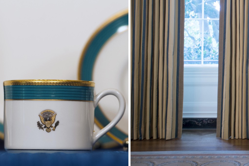The Obama state china service shows its "Kailua Blue" trim, a colour inspired by the waters off Hawaii, the President's home state. Photo: The Washington Post