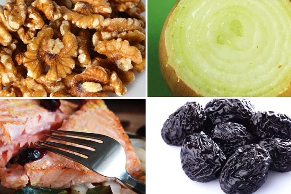 Clockwise from top left: Omega-3 fatty acids in walnuts make them good for our bones; polyphenol in onion may give the vegetable its bone-helping properties; prunes 'have a magical power in terms of bones'; and salmon has protein, trace minerals, omega-3 fat and vitamin D.