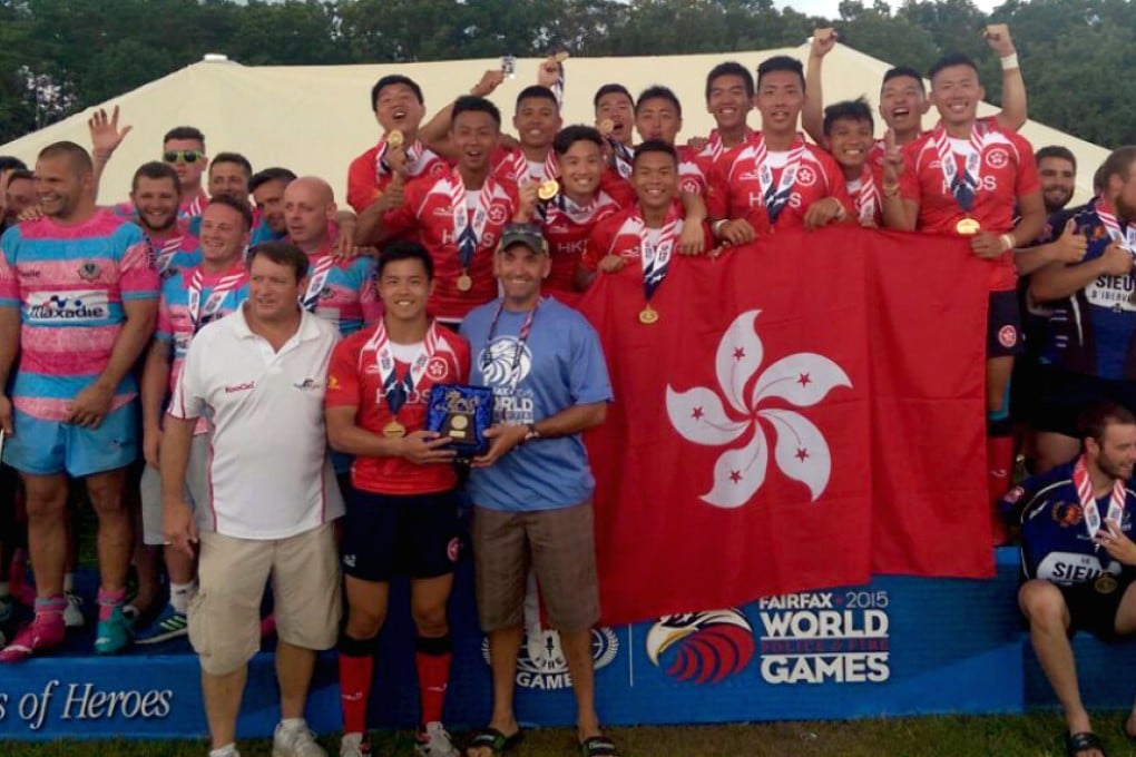 Hong Kong’s gold medal-winning disciplined services side celebrate their victory over the UK’s Royals on Thursday. Photo: HKRFU