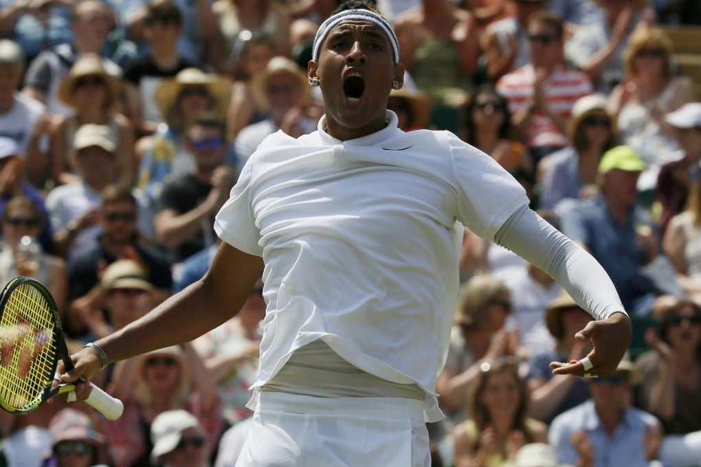 Australian Nick Kyrgios is fired up during his third-round match against Milos Raonic of Canada. Kyrgios had a four-set win over the seventh seed. Photo: Reuters
