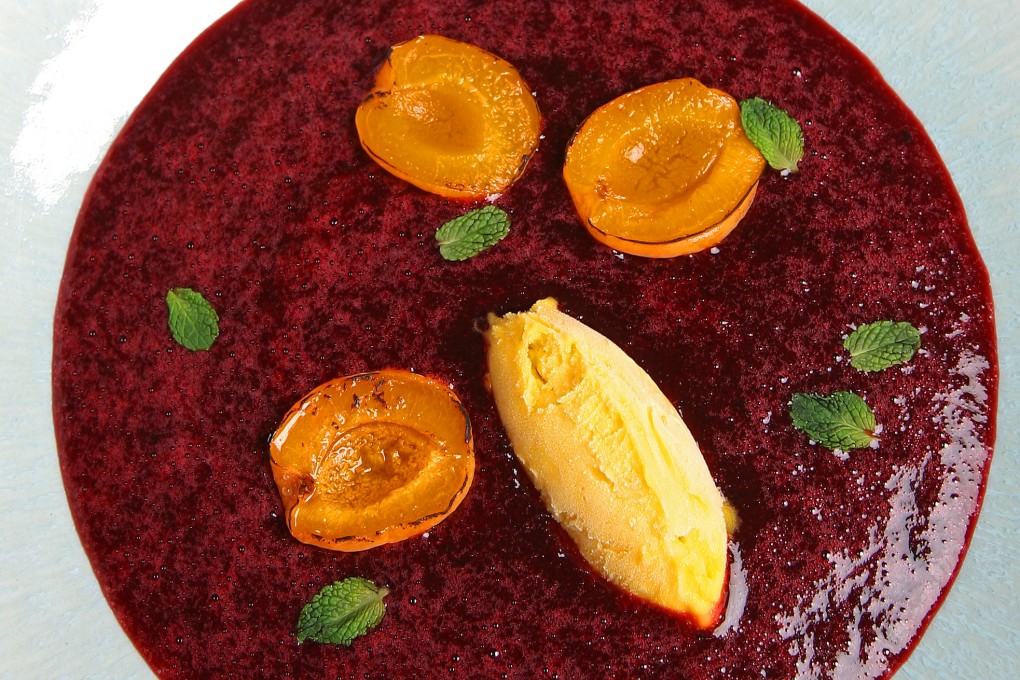 Chilled cherry-mint soup with apricot sorbet and roasted apricots.