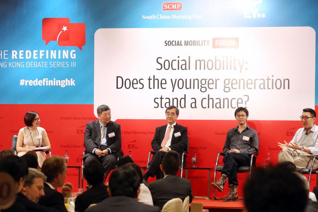 Joining the debate are (from left) SCMP Deputy News Editor Denise Tsang; Kee Chi-hing, chairman of Fullness Social Enterprises Society; Professor Richard Wong; Rex Sham; and Laurence Li. Photo: Dickson Lee
