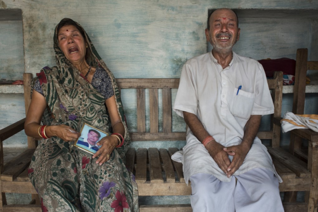 Parvati Shukla and Rameshwar Prasad, parents of 28-year-old Brijmohan Shukla, who on April 10 committed suicide by drinking hair dye, in Kachnonda Kalan village, Uttar Pradesh, India.