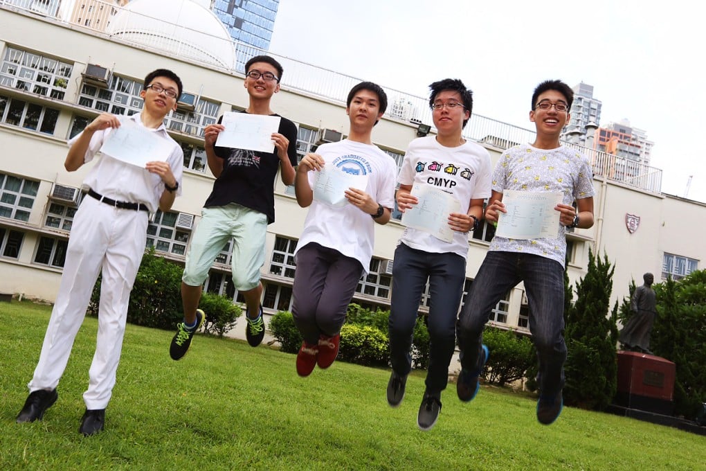 Top students from the Queen's College in Causeway Bay share the joy. Photo: Nora Tam
