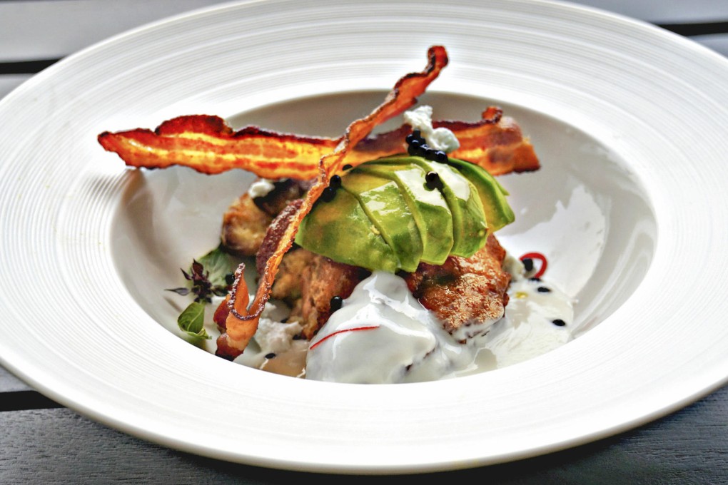 Croissant French toast with crispy bacon, goat cheese and avocado at The Sanchaya, Bintan.