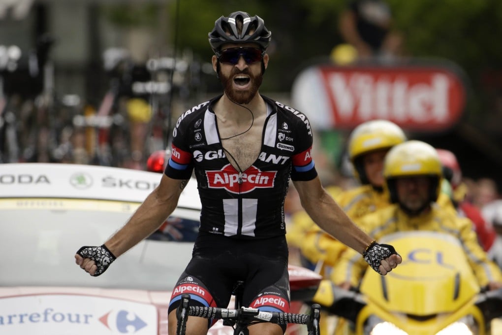 Germany's Simon Geschke celebrates the biggest win of his career as he takes stage 17. Photo: AFP