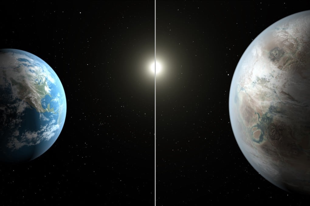 This artist's impression compares earth (left) to the new planet, called Kepler-452b, which is about 60 per cent larger in diameter. Photo: Nasa