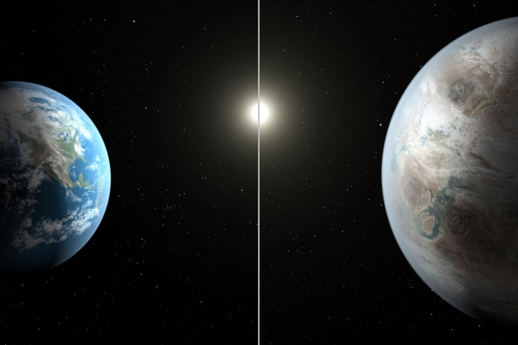 This NASA artist's concept compares Earth (left) to the new planet, called Kepler 452b, which is about 60 per cent larger in diameter. Photo: AFP