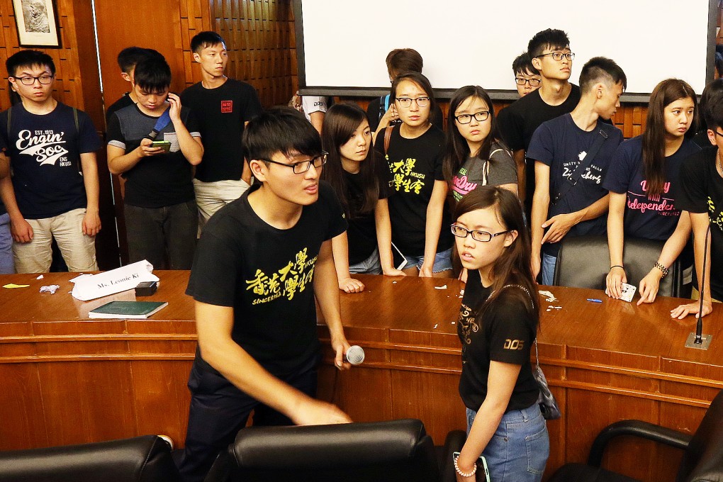 Billy Fung and HKU students stormed the council meeting on Tuesday. Photo: Dickson Lee