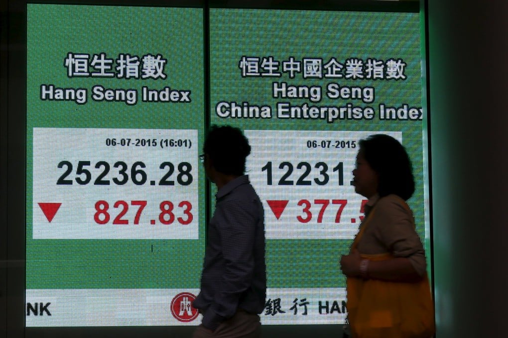 Passers-by walk in front of a panel displaying the closing Hang Seng Index and China Enterprise Index in Hong Kong. Photo: Reuters