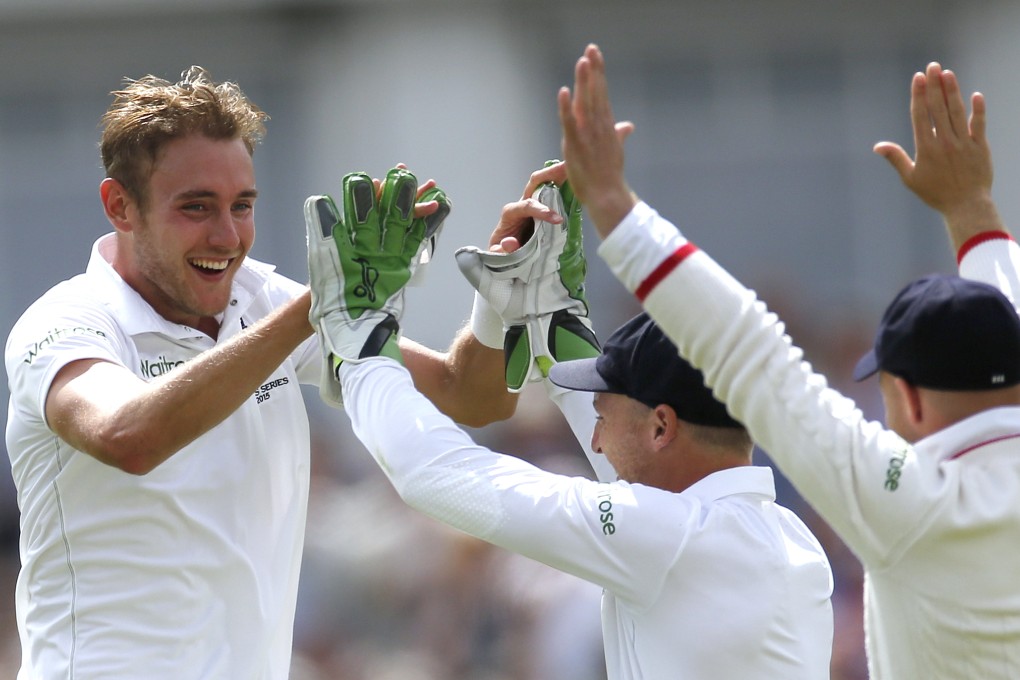 England's Stuart Broad celebrates after taking the wicket of Australia's Mitchell Johnson. Photo: Reuters