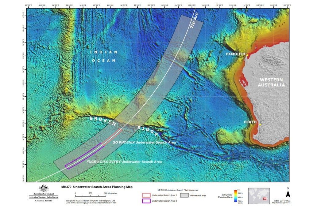 This map released by the Australian Transport Safety Bureau shows the main search area for MH-370 in grey, with the narrower underwater search areas marked in pink and purple in the southern end of the zone. Graphic: ATSB