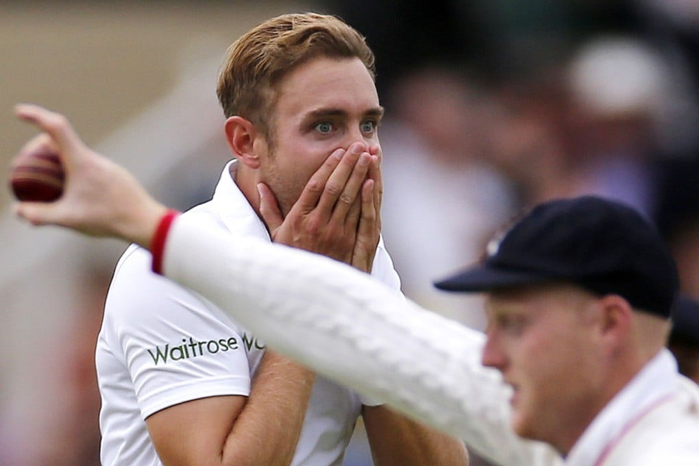 Stuart Broad reacts after Ben Stokes takes a catch to dismiss Australia's Adam Voges. Photo: Reuters