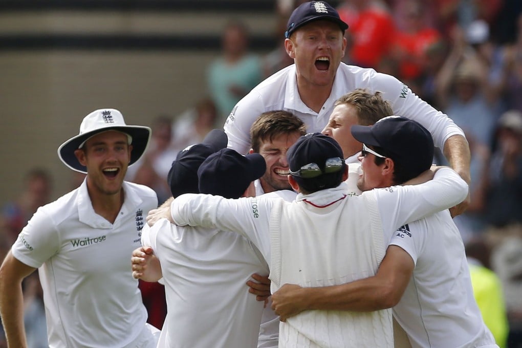 England's Ben Stokes (top) and teammates celebrate as England wrap up the fourth test and regain the Ashes at Trent Bridge in Nottingham. Photo: AFP
