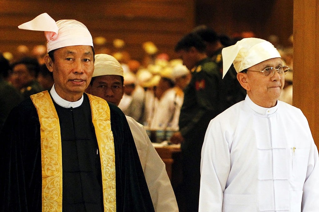 Shwe Man, Speaker of the Union Parliament, and Myanmar's President Thein Sein in 2014. Photo: Reuters